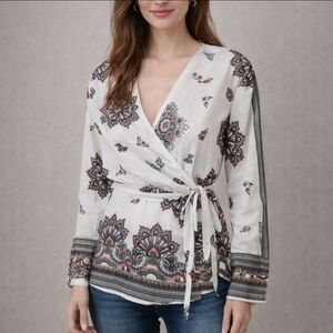 Banjul White Paisley Wrap Shirt Tie Waist Boho Size M